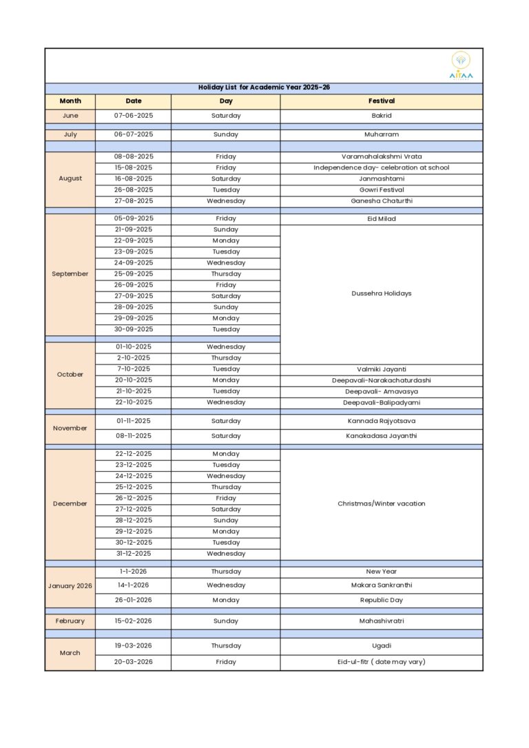 Holiday List 2025-26